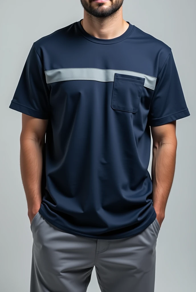 The uniform of electronic parts assembly department (smt) employees, gray pants with a blu navy T-shirt with a gray line on the chest and a pocket on the chest.