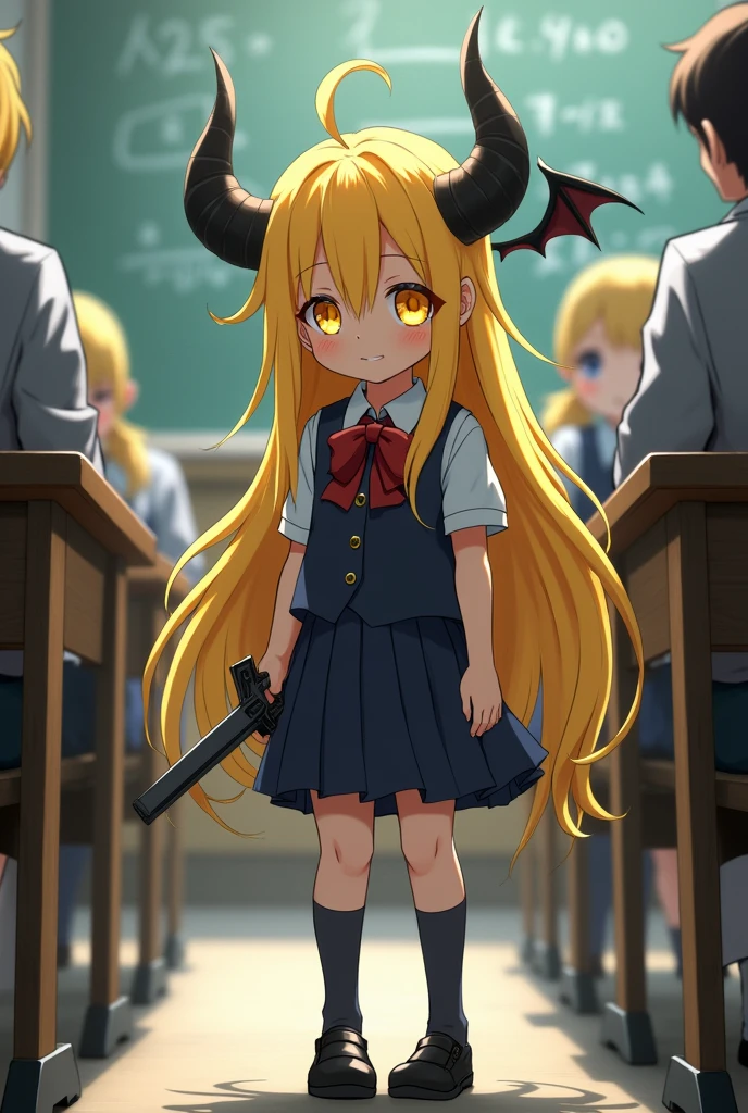 Ibuki yellow hair badan nya kecil umur 11 tahun megang senjata
Dan baju sekolah , rambut panjang dan guru matematika , sayap ,tanduk , sccubus dan mata berwarna Kuning , tanduk hitam, sayap hitam