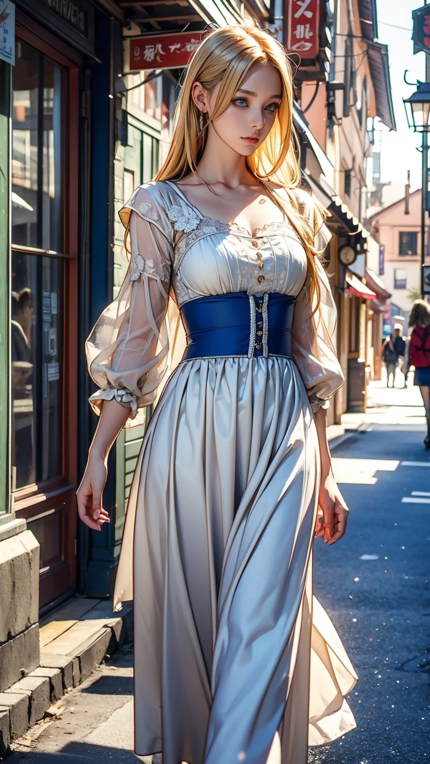 Highest quality, masterpiece, Realistic photos, Intricate details, RAW Photos, Super detailed, old fashioned young woman, Wearing a peasant dress, No neckline, Blonde, Perfect details and blue eyes, Walking around the old town, HD quality, 8k, young woman, 20-year-old