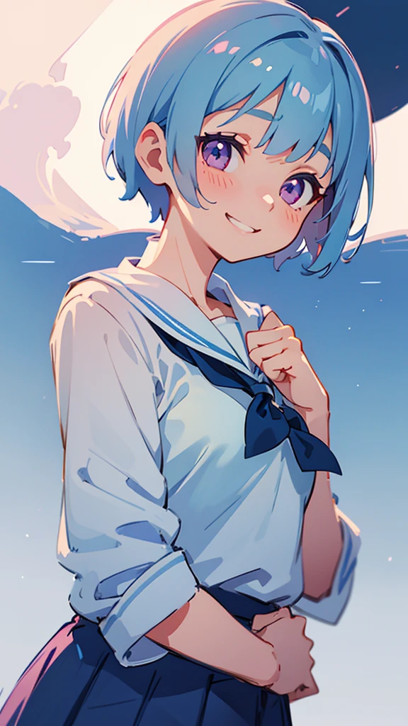 One young woman、alone、Sailor school uniform、Navy Blue Skirt、Light blue hair、short hair、Pink eyes、A gentle gaze、Grin、Upper body close-up、Delicate contours、Under the moonlight、Background Blur