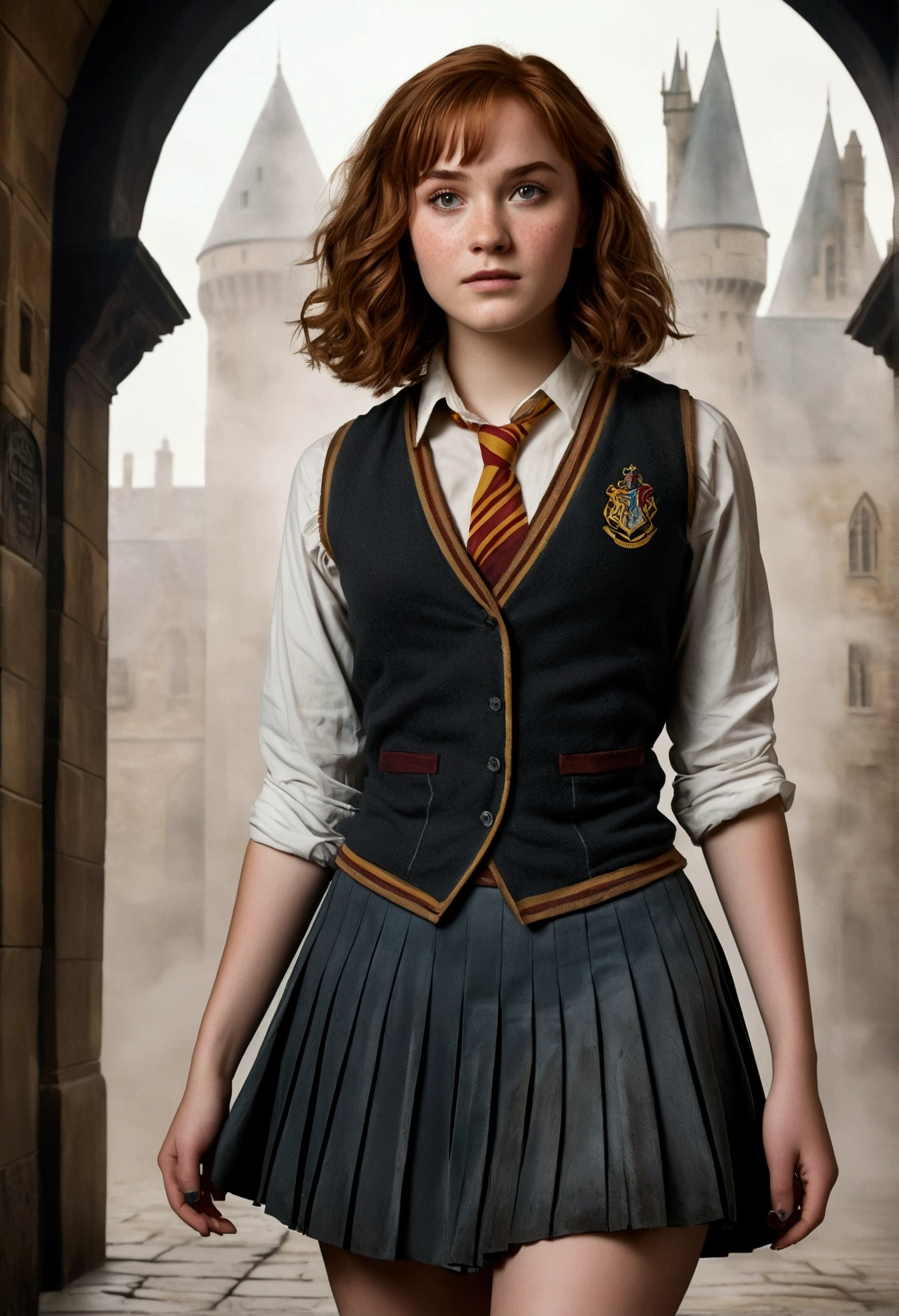 An illustrated movie poster, hand-drawn, full color, a female Hogwarts student, 18-years-old, wearing a charcoal vest and a pleated skirt, toned, amazonian stature, athletic hourglass figure, full wide hips, massive round butt, long shapely legs, ridiculously thick powerful thighs, vibrant hazel eyes, deep dark auburn hair, short curly bob cut, flushed sun-kissed complexion, freckles, resembles Genevieve O'Reilly, standing in a foggy Hogwarts courtyard, surrounded by mist, graphite shading, stencil marks, airbrushed acrylic paint, masterpiece, in the Deathly Hallows 