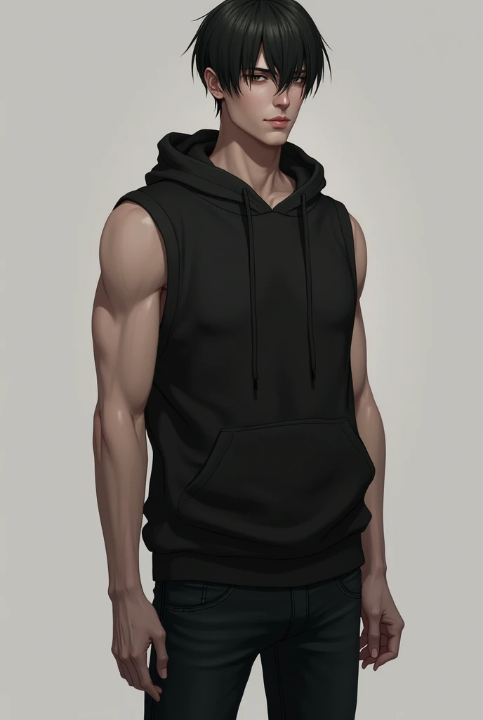 Fair tall lean body with hooded eyes good eyebrows facial hair with small pink lips and good define jaw and nose and wearing black sleeveless hoodie jacket with black jeans with straight short skilly black hair
In boy