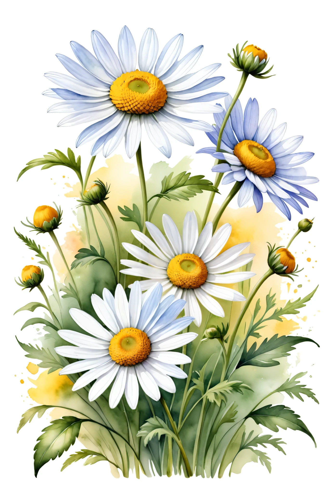 arte conceitual (ultrarrealista:1.3) Watercolor chamomile floral draw illustration on white background, pintura colorida em Aquarelaa, pintura colorida em Aquarelaa
