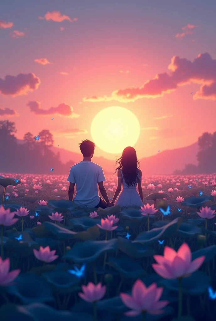 Lotus flower field and blue butterflies and two people man and woman holding hands, that only the silhouette can be seen sitting in the field watching a pink and yellow sunset