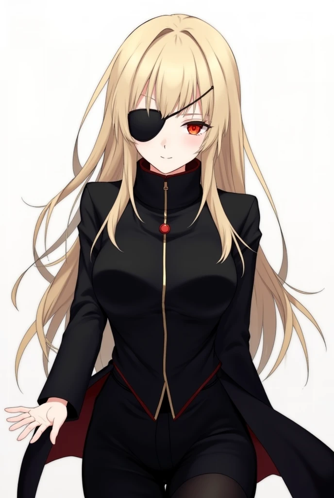 a cartoon image of a woman in boots, vector art by Ei-Q, pixiv, shin hanga, full_body!!, !!full body portrait!!, full body!!, anime moe artstyle, gapmoe yandere grimdark, full body!, anime vtuber full body model　beige hair with an eyepatch 　black coat with front zipper closed, long hair　　Left hand out in front　Background is white　Game character art　Genshin Impact　Red Eye