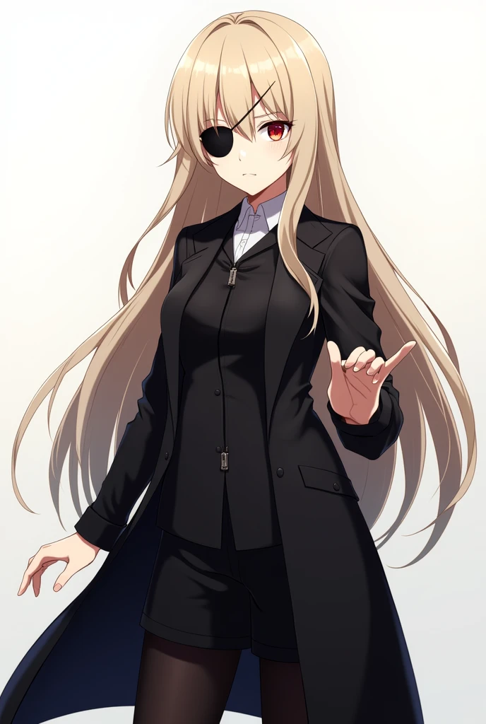 a cartoon image of a woman in boots, vector art by Ei-Q, pixiv, shin hanga, full_body!!, !!full body portrait!!, full body!!, anime moe artstyle, gapmoe yandere grimdark, full body!, anime vtuber full body model beige hair with an eyepatch black coat with front zipper closed, long hair Left hand out in front Background is white Game character art Genshin Impact Red Eye