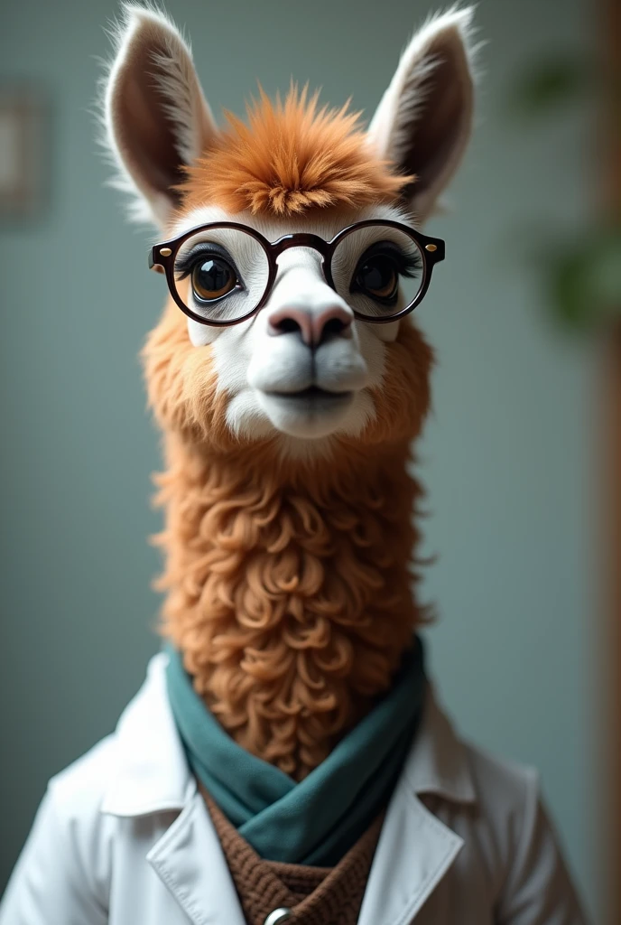 A BRUNETTE LLAMA WITH GLASSES AND A MEDICAL COAT SCARF