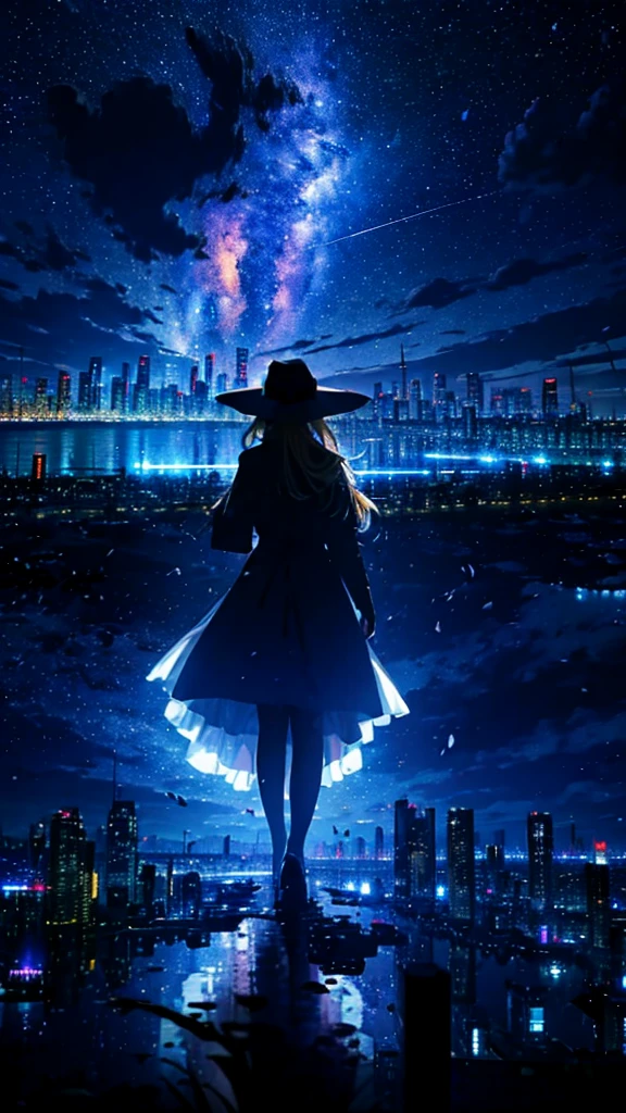 1people々々々,Blonde long hair woman,long coat, dress silhouette, Rear view,Space sky, comet, anime style, dancing petals,Night view of the city from the mountainside,