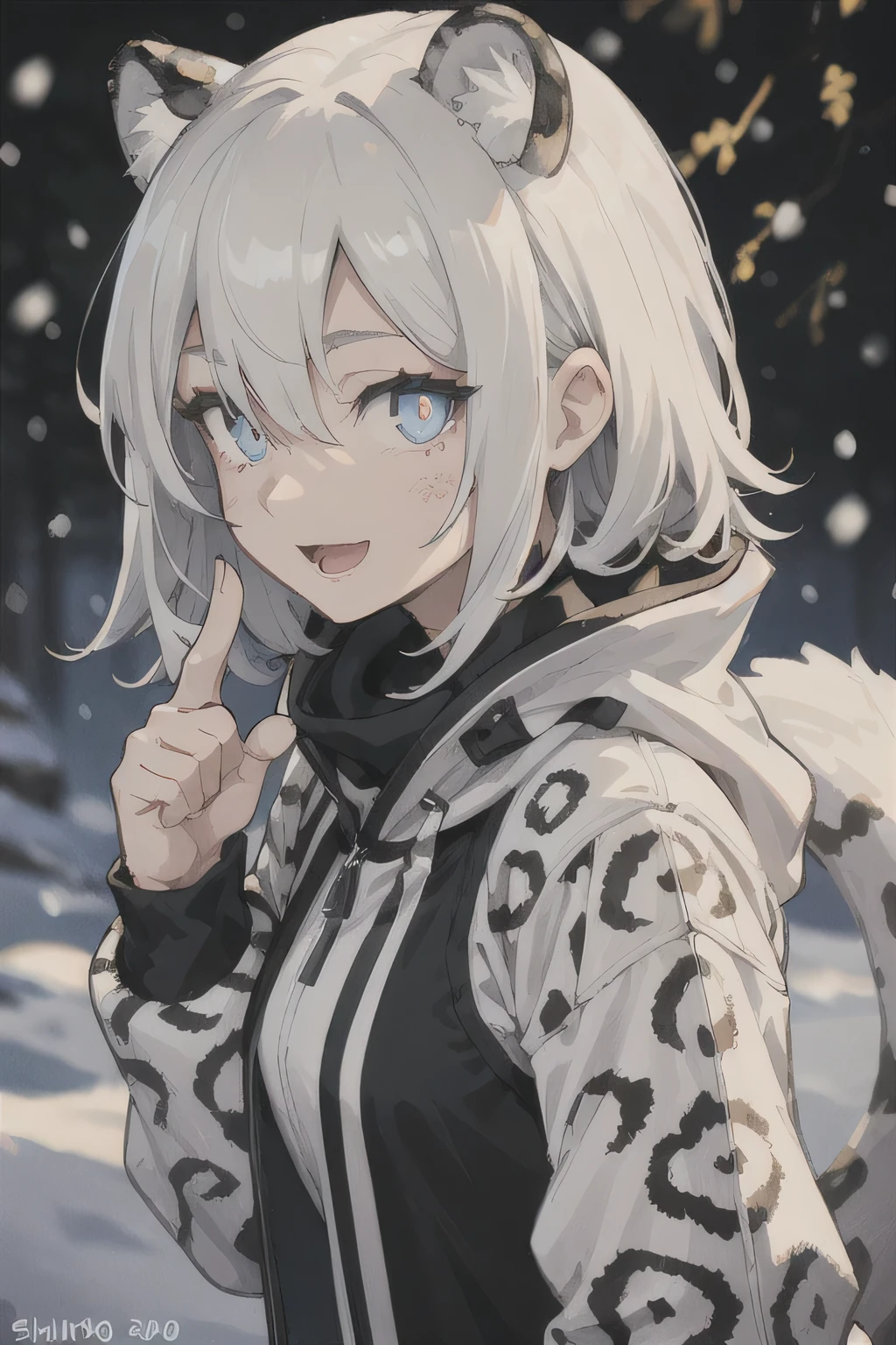 beautiful lighting、perfect lightning bolt、realistic shadow、Detailed skin、ultra-detailliert、detailed faces and eyes、Realistic eyes、Sharp pupils、sideshot、blurry backround、20 year old girl alone、shinny skin, snow leopard tail、white hair、blue colored eyes、snow leopard ears、hair adornments、Smile with open mouth, Dark clothing