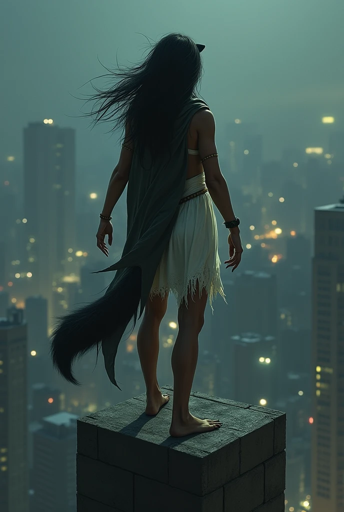Wild woman in simple white native knee-length dress,  wearing a black hooded robe, your hair comes out in front.  She has greenish-yellow eyes and sharp claws and a wolf&#39;s tail.. Standing in fighting pose, looking at the city at night from the top of the building 
