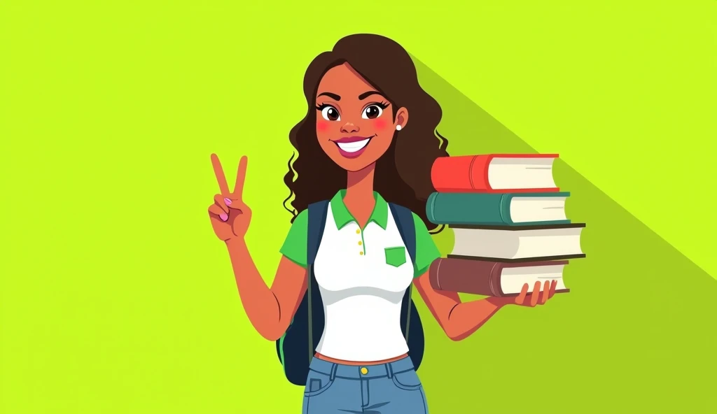 create a simple 2D cartoon illustration in flat design style, with the flat colors of a 15-year-old mulatto woman wearing a white polo shirt with green sleeves and collar, and jeans, with backpack and holding some books, very smiling and making the peace gesture on a lime green background