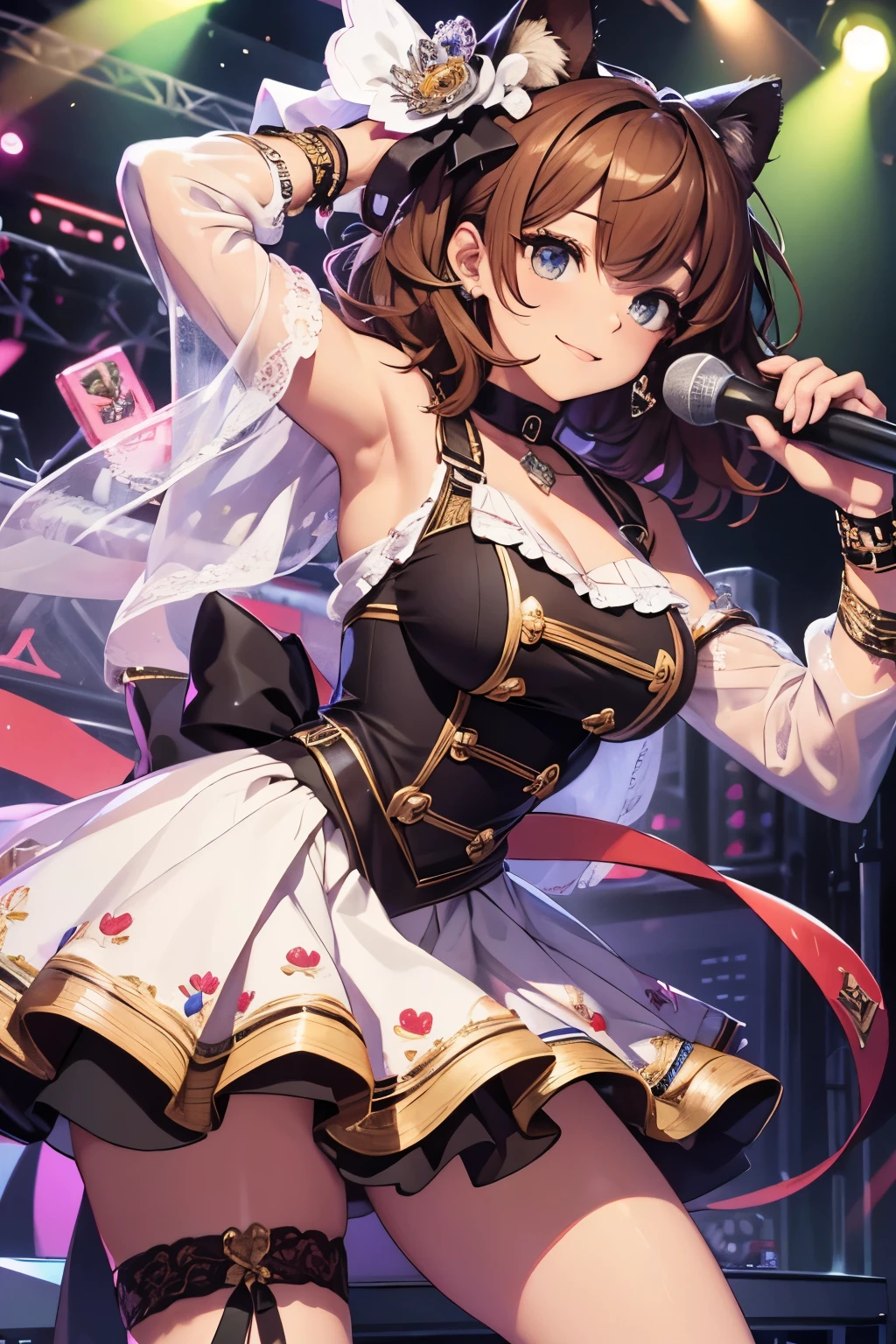 Top quality, highly detailed, UHD, idol, dress cute and beautiful anthropomorphic koala girl with brown curly bob hair wearing a heart shaped choker on outdoor stage