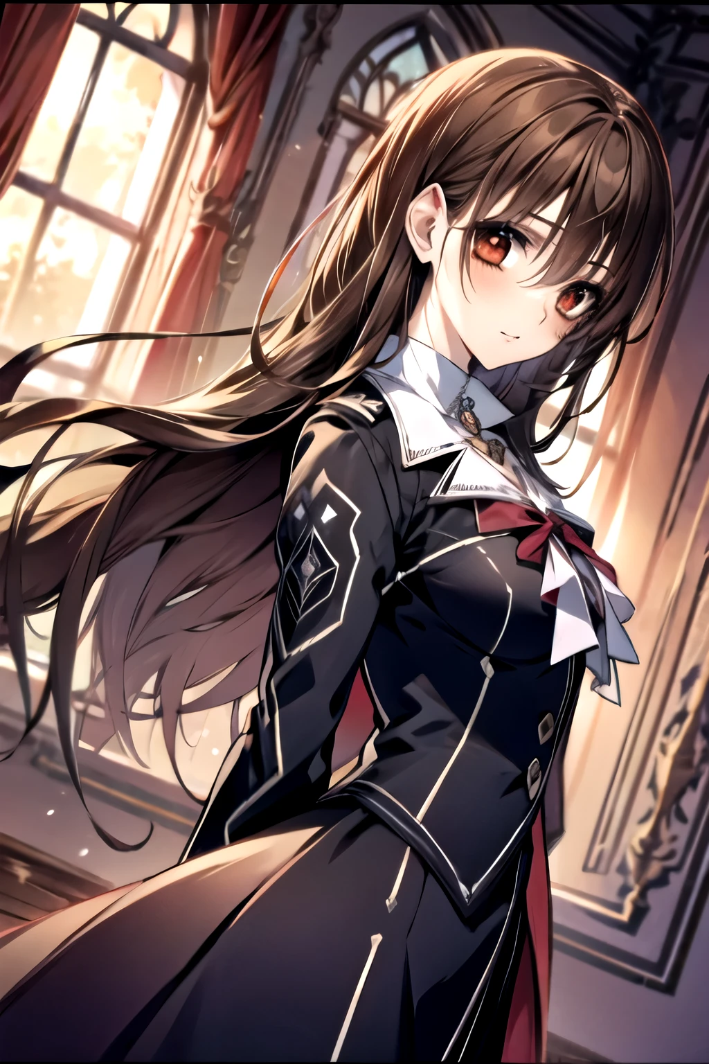 (absurdres, highres, ultra detailed, HDR), masterpiece, best quality, Yuki Cross, 1woman, solo, beautiful, (long brown hair), vibrant red eyes, finely eye and detailed face, window, red curtains, black uniform, vampire knight, arms behind back, solid crimson background,