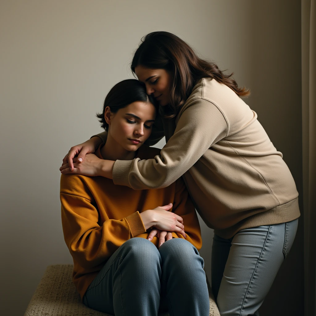 A person standing is hugging a person sitting