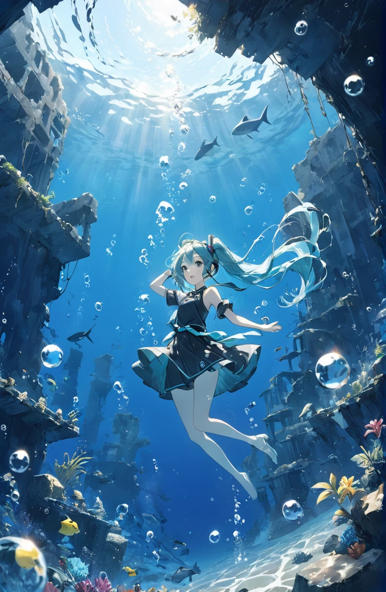 One beautiful girl、Hatsune Miku、超High resolution, High resolution, 4K, 8k,cute,In the history of the Earth12Submerged ruins in the Pacific Ocean 100 million years ago 、Lost Ruins、Girl in the water、surrounded by bubbles、A world of deep blue、work in deep blue tones