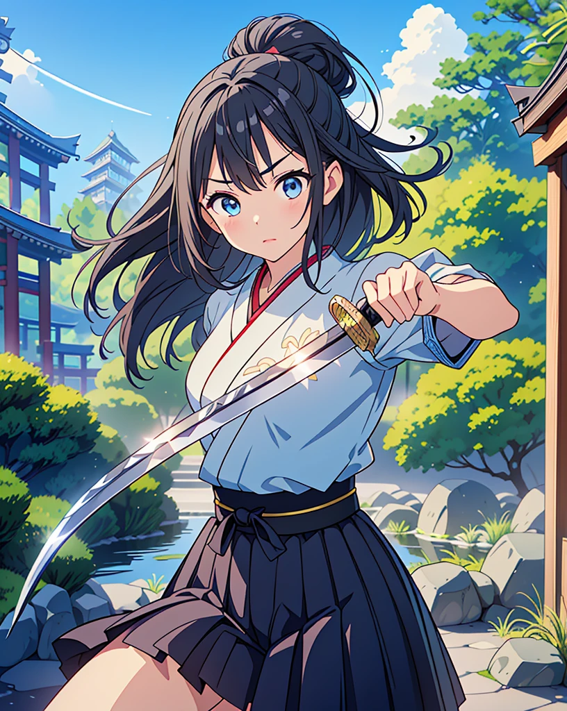 Highest quality, 32K, High resolution, masterpiece:1.5, One beautiful Japan girl,Illustration with anime touch, Rich emotional expression, An exceptionally beautiful face, Perfect Human Anatomy, Big light blue eyes, Motherhood and generosity, Deep Love, Wake up, Expressing emotions, Have a rich imagination, Cute Japan, Perfect Human Anatomy, Magical big eyes, decision, Powerful expression, Shiny black hair, Ponytail swaying in the wind, Asymmetrical bangs, Hair between the eyes, Transparent, soft white skin, Sharp eyebrows, Thin lashes, Detailed and cute lips, ((Detailed beautiful Japanese garden:1.2)), ((A swordsman wielding a Japanese sword:1.4)), ((Blue sky:1.1)), Slim figure, Beautifully detailed skies, mysterious