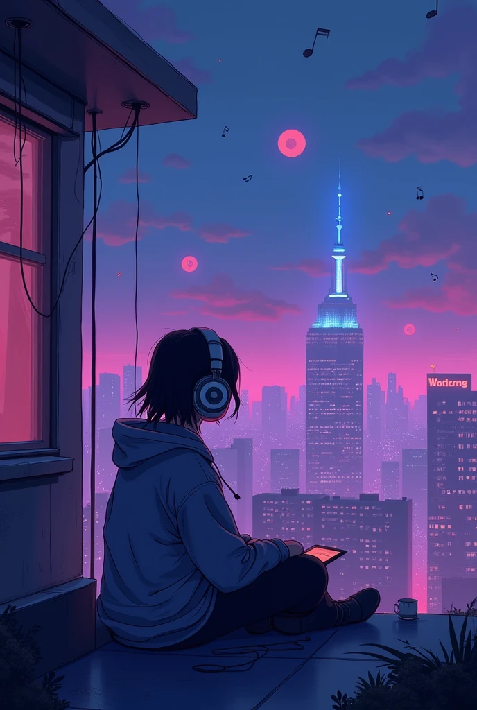 Create an atmospheric and calming image for a YouTube channel named "LoFi Legends." The image should have a retro, vintage aesthetic with a focus on a serene nighttime cityscape. Include a character with headphones, relaxing on a rooftop or near a window, looking out over the city. The scene should be bathed in soft neon lights with hues of purple, blue, and pink. The overall mood should evoke tranquility and the essence of lo-fi music. Include subtle visual elements like floating music notes or vinyl records to hint at the musical theme.