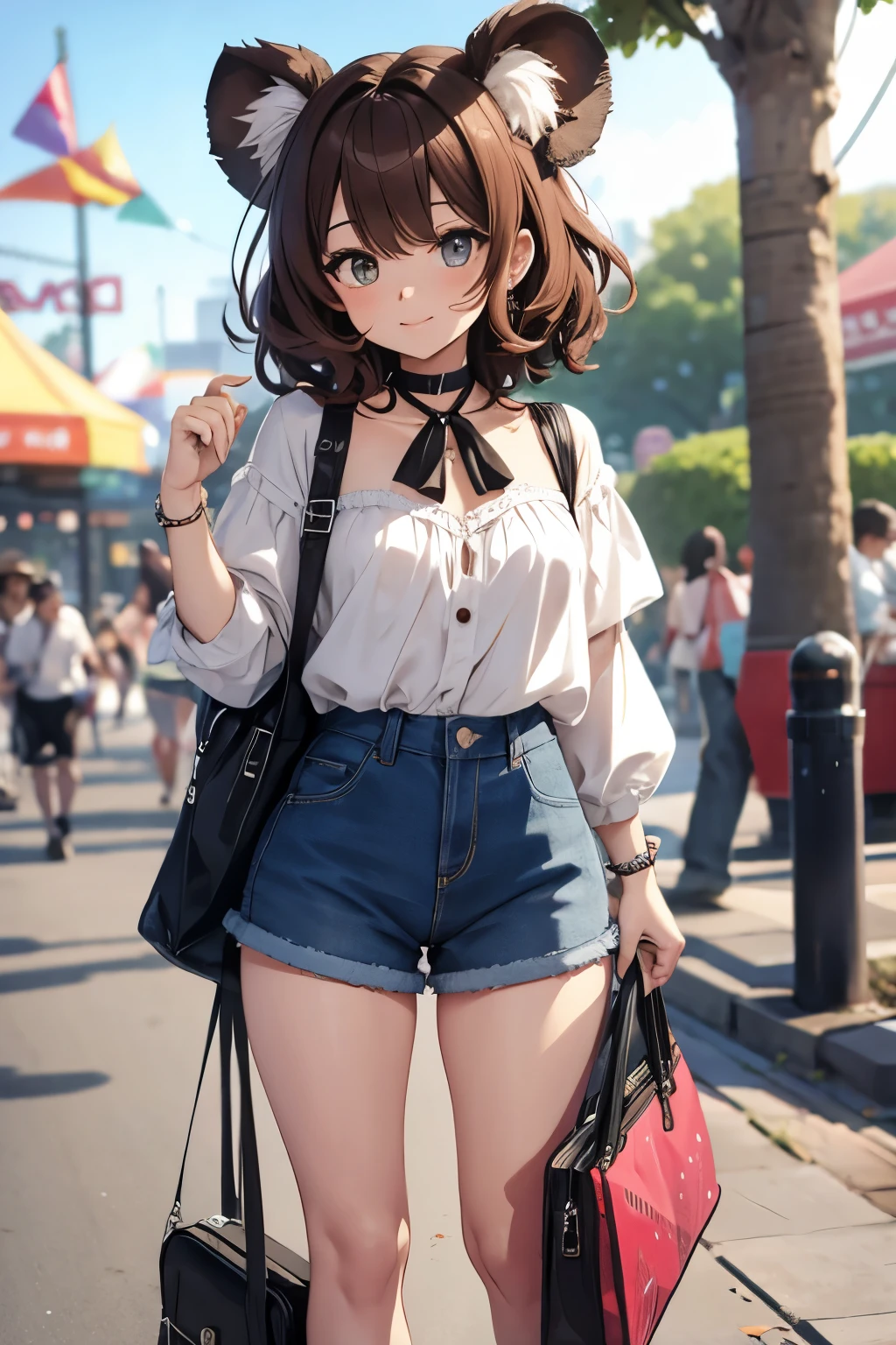 Top quality, highly detailed, UHD, idol, playing at an amusement park, cute and beautiful anthropomorphic koala girl with brown curly bob hair wearing a heart-shaped choker, casual clothes