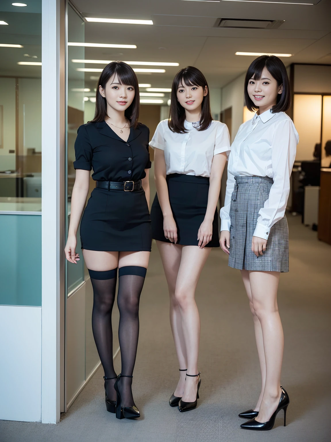 (Highest quality, masterpiece, Photorealistic, Super detailed, Ultra-high resolution, born:1.3), (Three people:1.3), beautiful, Japanese, mature, 2, office workers, (Short skirt),(stockings),(smile), (bangs), high waist, necklace, (office, indoor, Glass Room), (Long legs, High heels, whole body:1.2), (crowd)