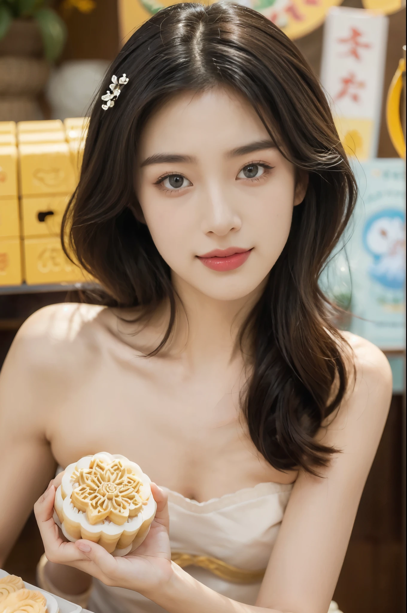 (((best quality))),(((ultra detailed))),(((masterpiece))),illustration,((1 beautiful girl,solo)),(shoulder-length straight bob:1.2),((slim,thin)),((small breasts,flat chest)),delicate face, twinkling eyes,(strapless osmanthus flower bra:1.3),fair complexion,(bustling market:1.3),(stall full of mooncakes:1.3),curiosity,delight,promotional,haggling,intricate patterns,Mid-Autumn Festival atmosphere, flaky, smile, sweet, fragrant filling, delightful contrast, salty exterior, eyes widen, pleasure, exploring,excitement, box, joyful anticipation, festive spirit, vibrant atmosphere, enchanting appearance, lively scene, captivating, timeless image,(outdoor:1.2),(bright sunshine:1.3),(day scene:1.3),((from front,close-up of face)),(surrounded by crowded crowds:1.3)