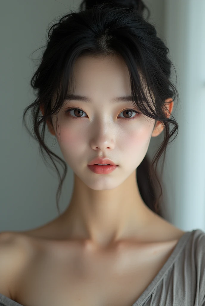 (realistic, photo-realistic:1.4),(masterpiece, best quality:1.2), RAW photo, high resolution, intricate details, extremely detailed, realistic and sharp details, cinematic lighting, portrait, frontal photography, solo, 1girl, a Japanese woman, dark hair, slender body, detailed face, detailed eyes, sophisticated nose, pale skin, collarbone, (smaller breasts, flat chest), photo background, indoors,,,[Chisato Moritaka]