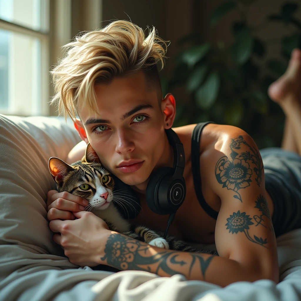 Masterpiese, best quality, man, Handsome,Baggy pants,Street fashion,18-year-old,Blonde,center-parted hairstyle , tattoo, Double eyelids,looking away , Headphones, lying on a bed with a natural curve in the body , viewed from the side , holding a cat