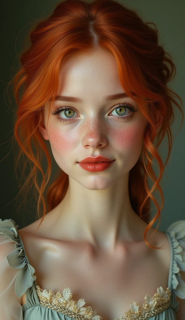 Beautiful Teenage Girl Portrait, Small breasts, Complicated Dress, A kind smile, Red lips, Redhead, Green Eyes, realism, Digital Painting, Concept Art, Smooth, Sharp focus, Three-part method, Style Psycho