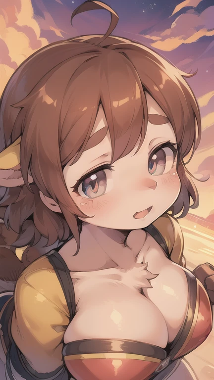a cute girl, 1girl, beautiful detailed eyes, beautiful detailed lips, extremely detailed face, long eyelashes, anime style, wavy brown hair, cheerful expression, floating weightless, colorful sky background, dramatic lighting, vibrant colors, 8k, high quality, digital painting, cinematic composition, masterpiece ochako uraraka