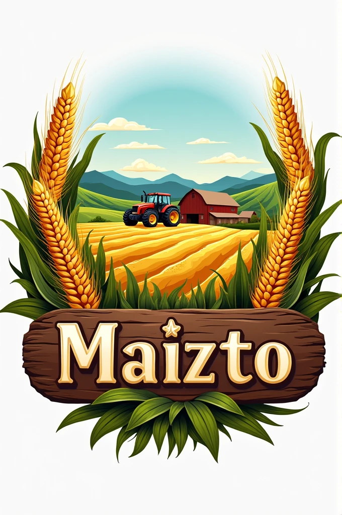 Create a logo with wheat corn a farm with a tractor and with the name maizto