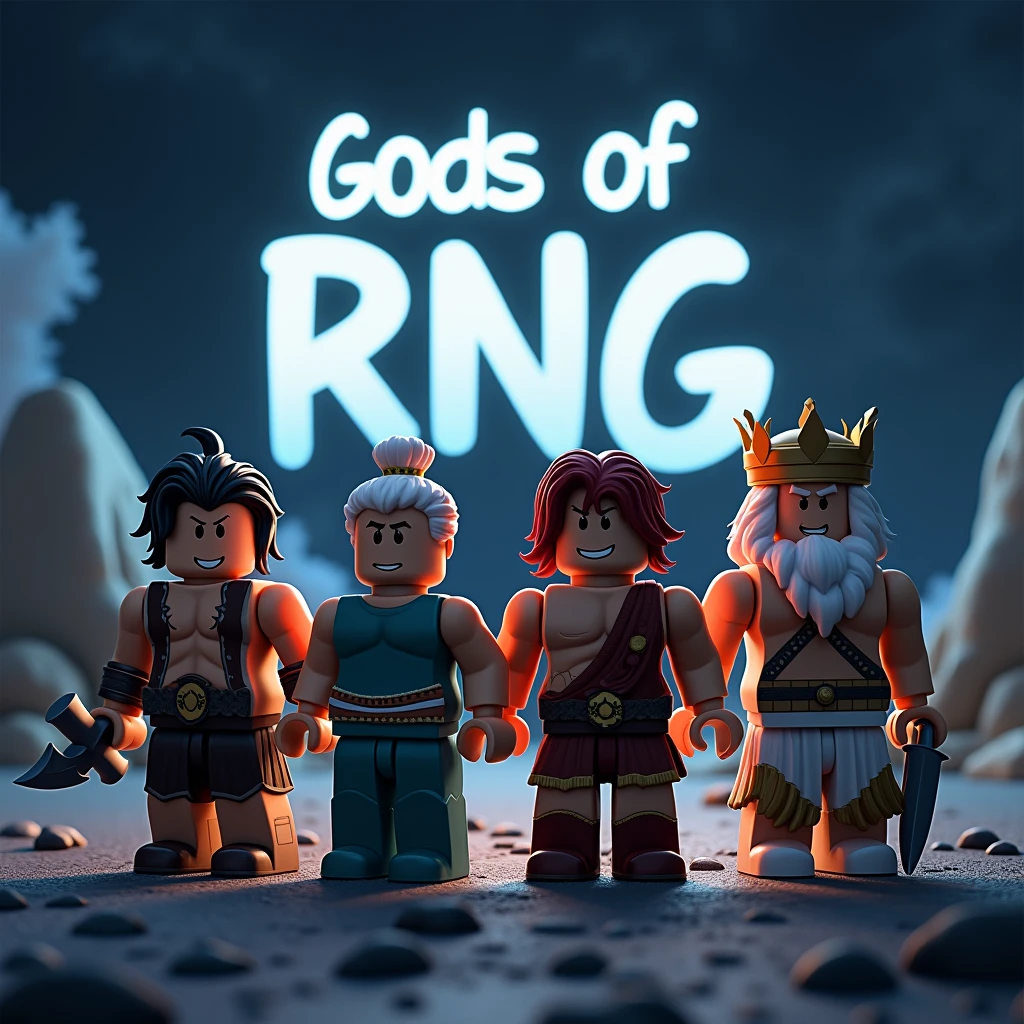 Kratos posidon ares and zesu as roblox characters at night (add text saying Gods of RNG in the background)