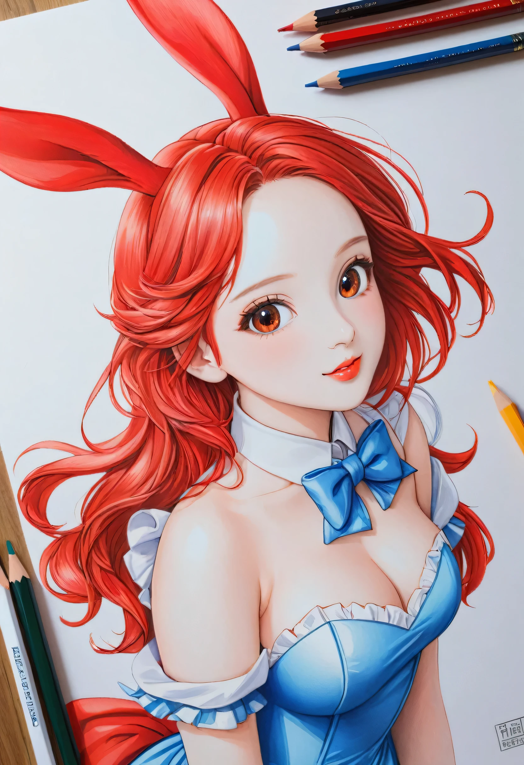 Women, red bunny cosplay, white, art, advertisement, colored pencil drawing, draft, illustration
