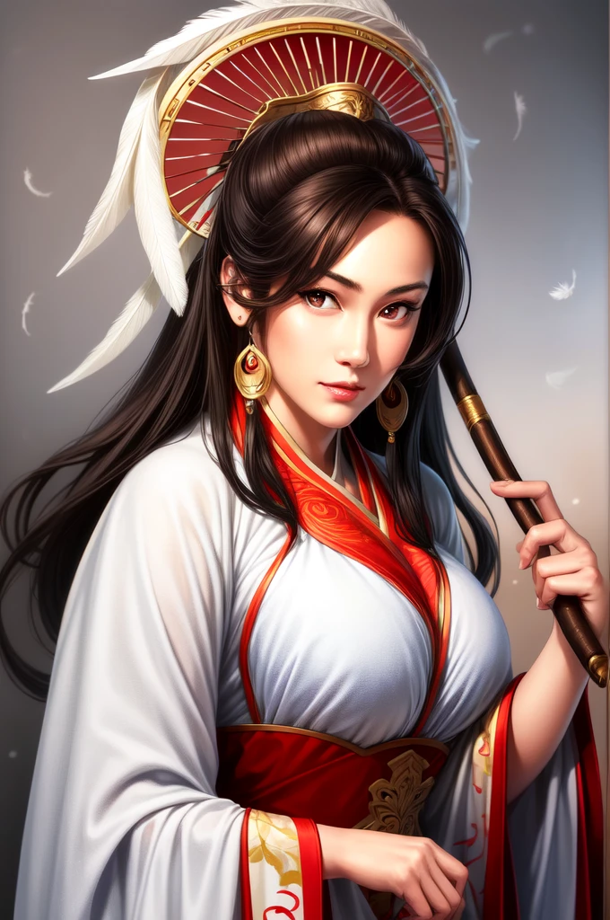 (4K, best quality, High resolution:1.2), (masterpiece:1.37), 1 Girl, Beautiful and intelligent face, delicate eyes, Large Breasts, fine hair, long hair, literati, Chinese white and gray clothes,, brunette, Red eyes, looking at the audience, Feather fan in hand, , confident strategist, Holding Weapon, Permanent, whole body,thigh