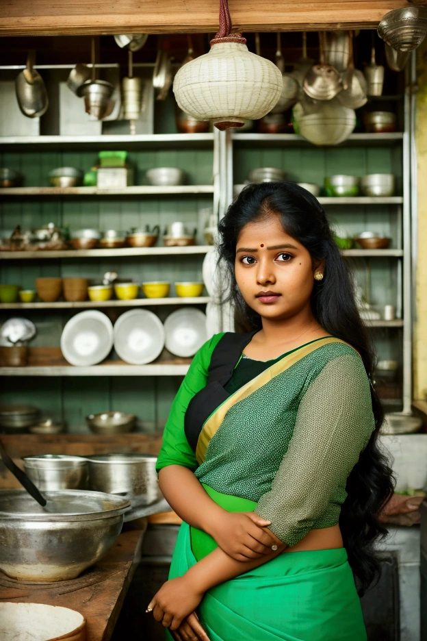 Lakshmi a sri lankan women chubby and she is wearing a Saree green and cotton blouse black colour she is working in his tea shop kitchen