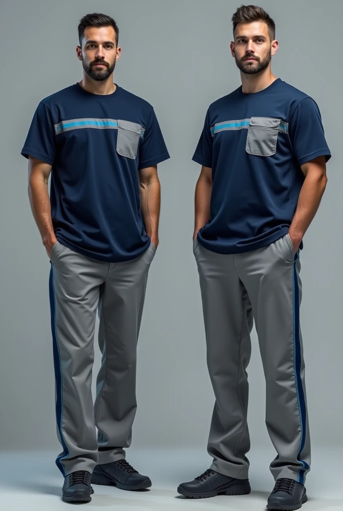 The uniform of electronic parts assembly department (smt) employees, gray pants with Blu line on side the pants with a blu navy T-shirt with a gray line on the chest and a pocket on the chest.