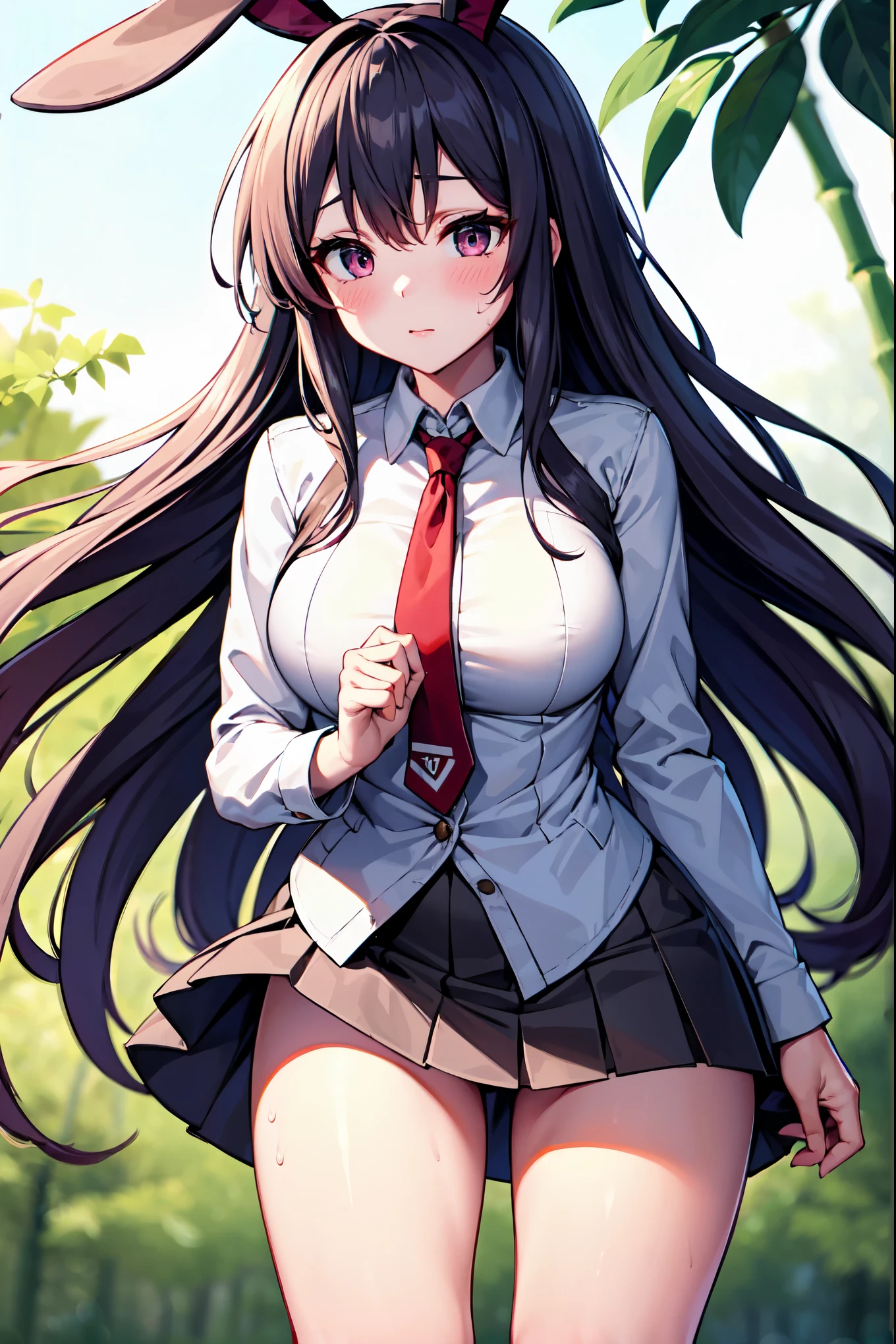 （（super high quality,Ultra-high resolution,16K,super masterpiece,Ultra HD,Ultra high definition,））One high school girl,White bunny ears,Very long straight purple hair,Slender body,Black blazer,All buttons are unbuttoned,White dress shirt,Long red tie,Pink mini skirt,White socks,blush,Looks at me so shyly,（（Leaning forward greatly:1.5,Hands tucked between the crotches:1.8,））Sweaty,Bamboo forest in the morning sun,（In a strong wind,My hair is in a big mess:1.8,The skirt lifts up:1.5,）Angle looking up from below,