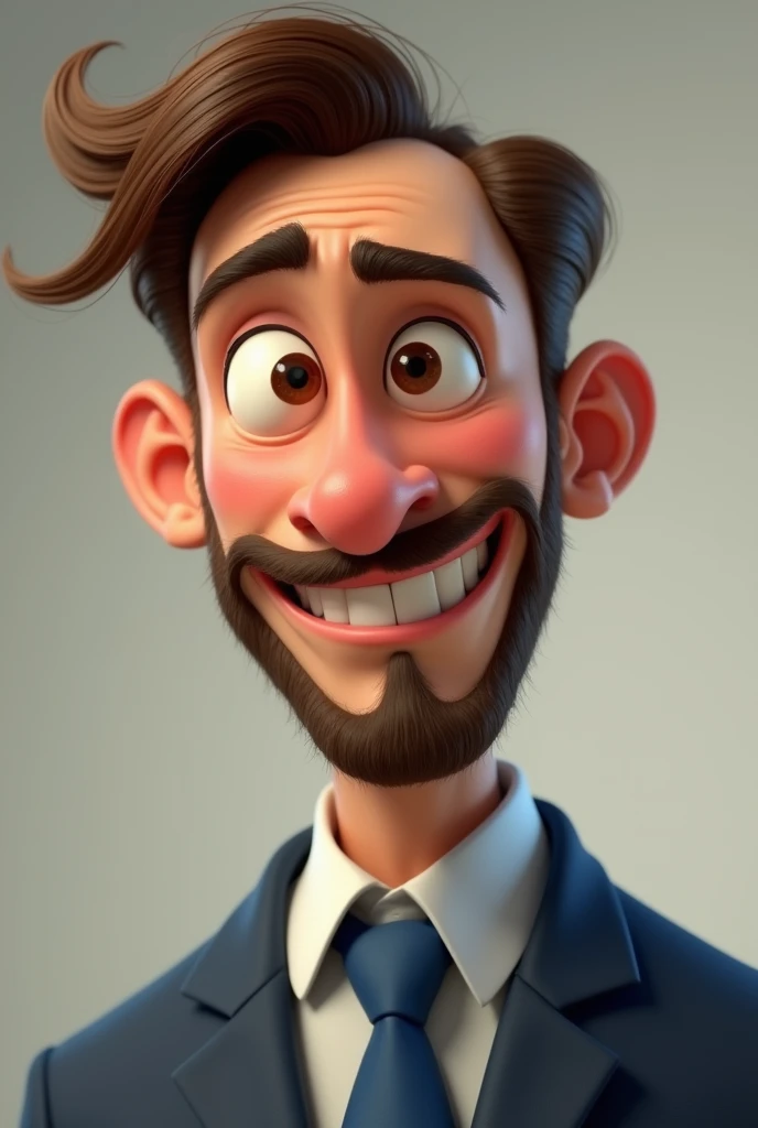 naughty man,Pixar-style , with business attire with blue detail, hair with a small tuft in brown color, Brown eyes , And with a beard .