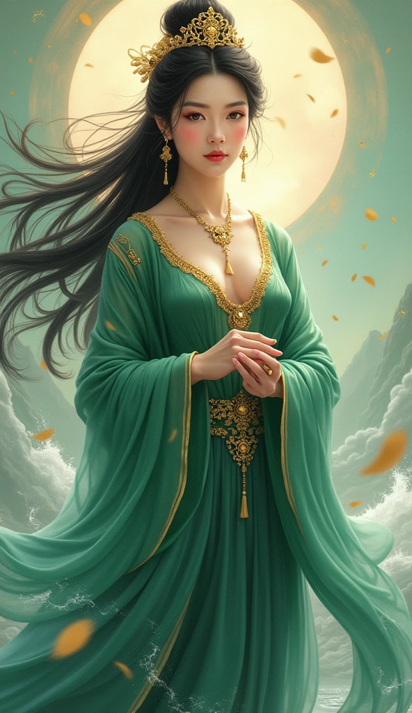 The painting depicts a regal woman draped in a flowing green dress adorned with intricate gold jewelry. Her serene, ethereal presence embodies the essence of the Queen of the Sea, Mu Yanling. Radiating the grace of an Earth Goddess and the compassion of the goddess of love and peace, her gaze is calm and all-knowing. The soft hues of the ocean blend with her attire, while golden accents echo the wealth and splendor of Indian goddess Lakshmi. Her posture, reminiscent of Guanyin and Apsaras warriors, exudes both strength and tranquility, capturing the timeless majesty of an ancient princess from Libu. The painting beautifully melds these mythological elements, creating a captivating vision of divine serenity and power.