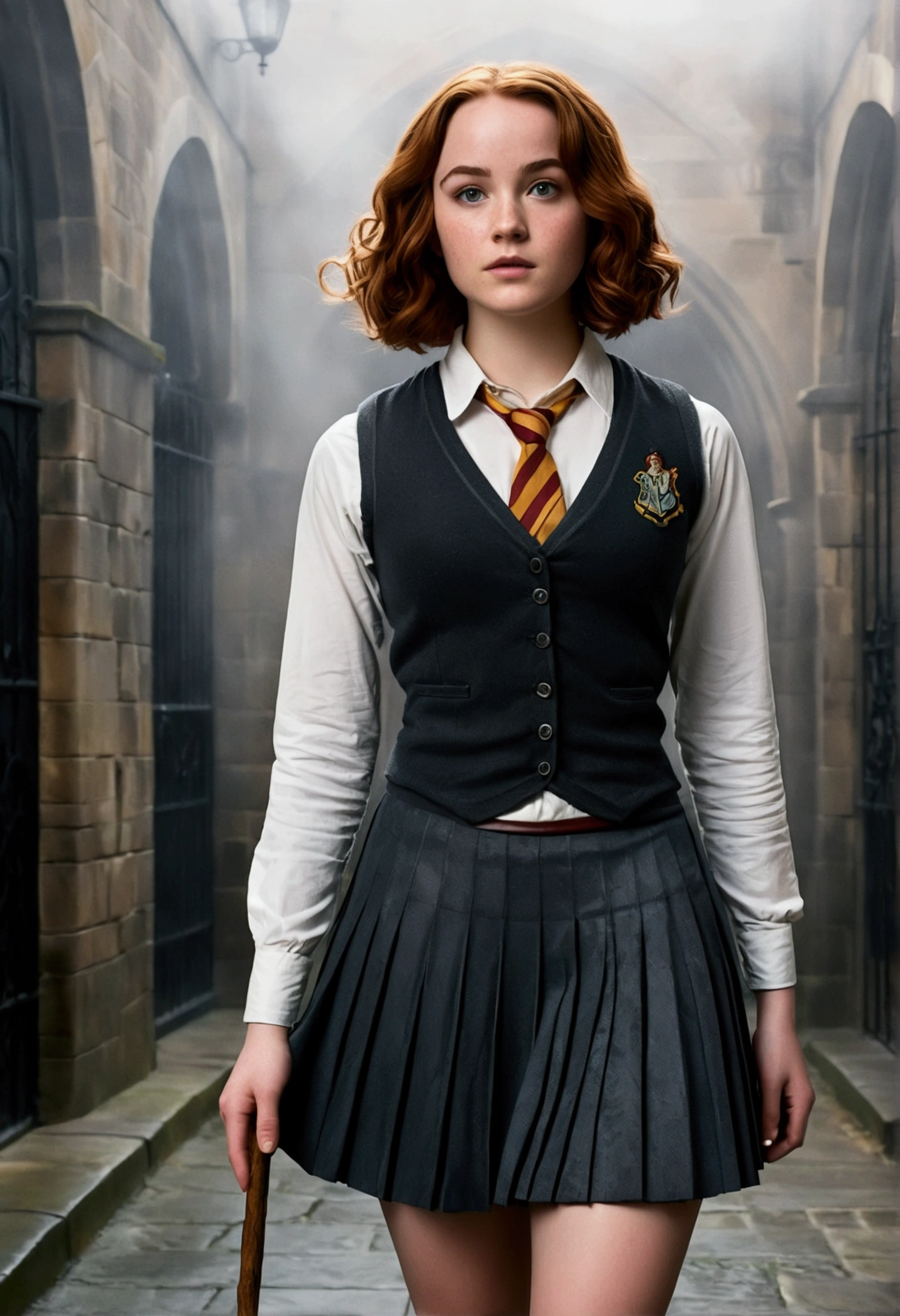 An illustrated movie poster, hand-drawn, full color, a female Hogwarts student, 18-years-old, wearing a charcoal vest and a pleated skirt, toned, amazonian stature, athletic hourglass figure, full wide hips, massive round butt, long shapely legs, ridiculously thick powerful thighs, vibrant eyes, deep dark auburn hair, short curly bob cut, flushed sun-kissed complexion, freckles, resembles Genevieve O'Reilly, standing in a foggy Hogwarts courtyard, surrounded by mist, graphite shading, stencil marks, airbrushed acrylic paint, masterpiece, in the Deathly Hallows 
