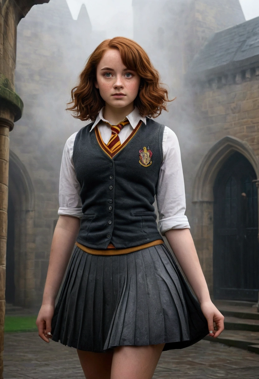 An illustrated movie poster, hand-drawn, full color, a female Hogwarts student, 18-years-old, wearing a charcoal vest and a pleated skirt, toned, amazonian stature, athletic hourglass figure, full wide hips, massive round butt, long shapely legs, ridiculously thick powerful thighs, vibrant eyes, deep dark auburn hair, short curly bob cut, flushed sun-kissed complexion, freckles, resembles Genevieve O'Reilly, standing in a foggy Hogwarts courtyard, surrounded by mist, graphite shading, stencil marks, airbrushed acrylic paint, masterpiece, in the Deathly Hallows 