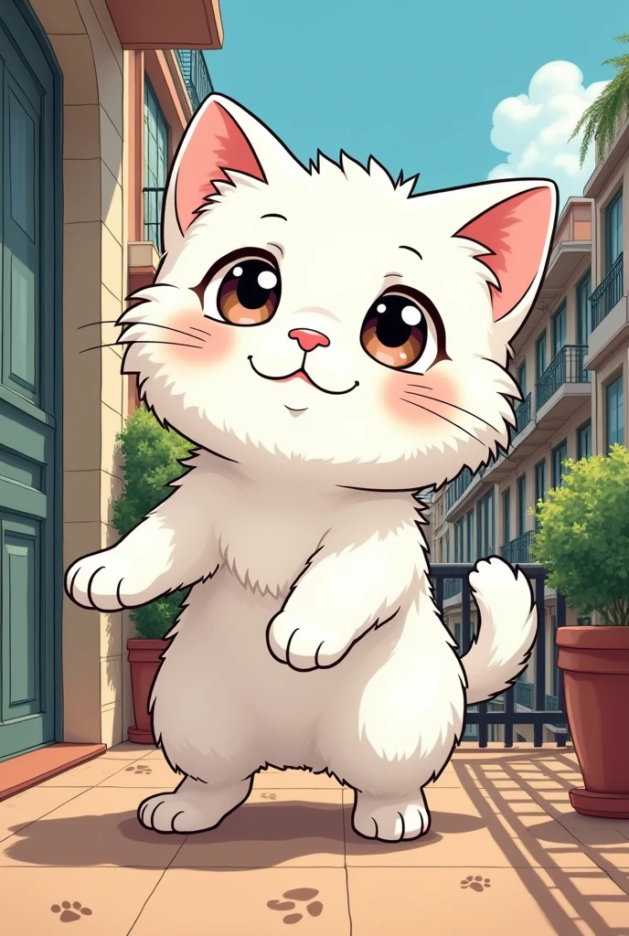 create a drawing (manga strokes) of a white kitten on the balcony of a building, from front view
