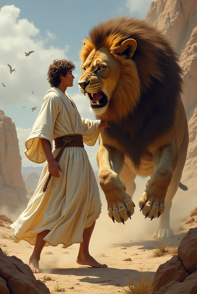 Young man with brown hair and white robe fighting a lion