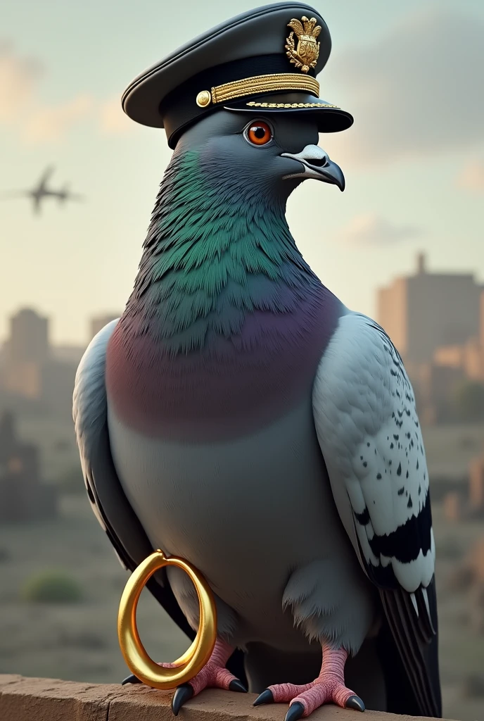 Create a carrier pigeon with a military cap on its head and a golden ring on its left leg