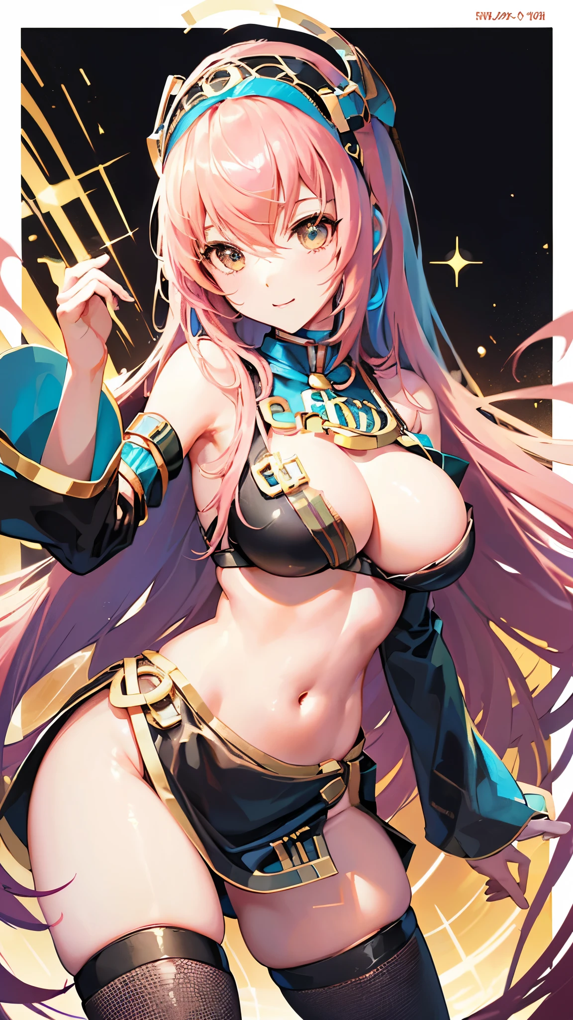 (((anime-style cute face))), ((((Megurine Luka)))),((((sexy)))),Highest quality, (Sharp details), 8k,,(looking at the camera),,Beautiful big boobs、Nipples stand up、Show your belly button、（The length of the costume is short）、（mini skirt、big slit）（A sexy and seductive face）、Very big eyes、sparkling pupils、anatomically correct body、Big thighs、((Naughty black fishnet stockings))、Light from the front、The face is bright、vulgar dance hall