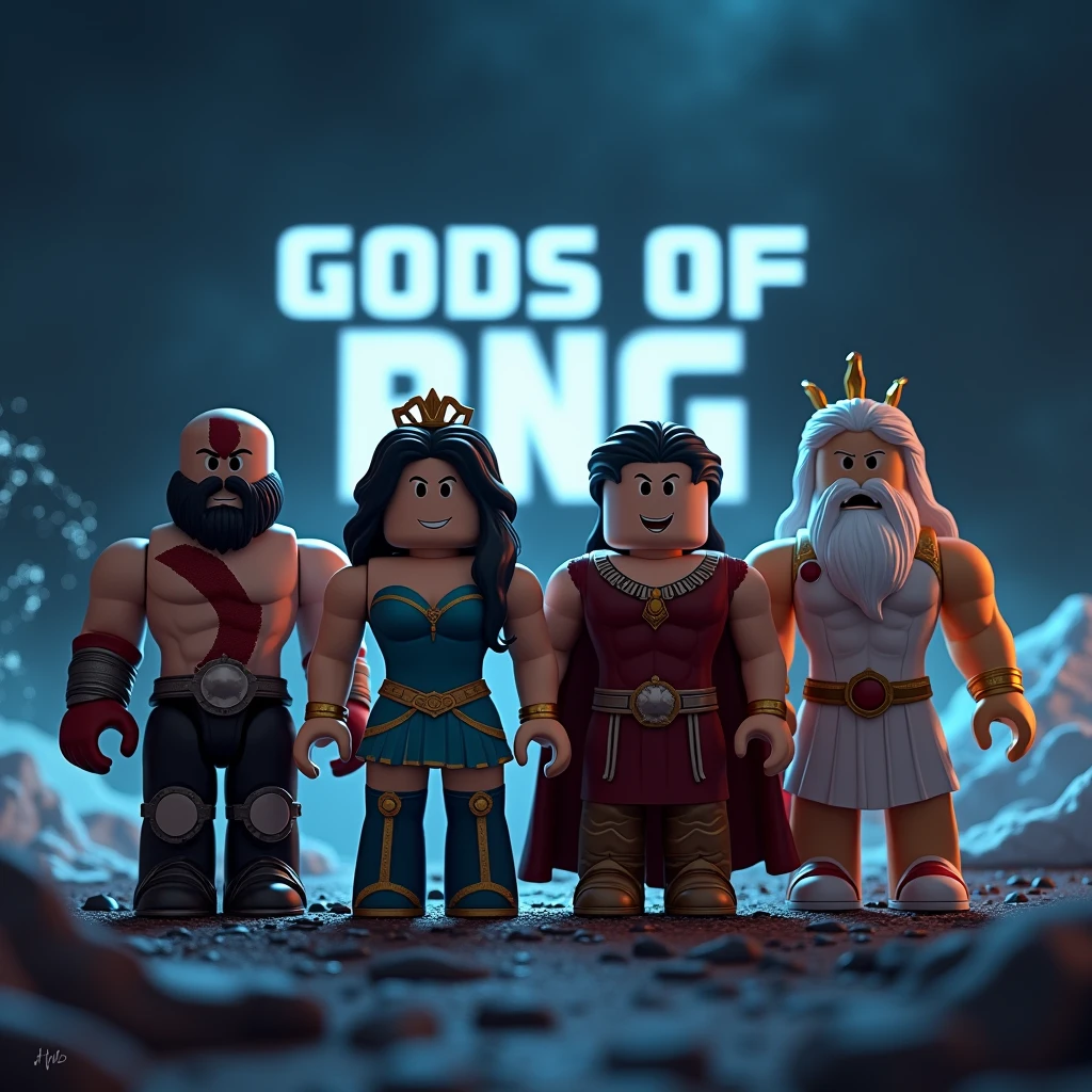 Kratos posidon ares and zesu as roblox characters at night (add text saying Gods of RNG in the background)