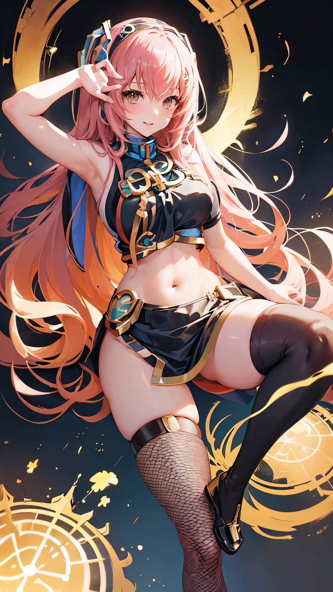 (((anime-style cute face))), ((((Megurine Luka)))),((((sexy)))),Highest quality, (Sharp details), 8k,,(looking at the camera),,Beautiful big boobs、Nipples stand up、Show your belly button、（The length of the costume is short）、（mini skirt、big slit）（A sexy and seductive face）、Very big eyes、sparkling pupils、anatomically correct body、Big thighs、((Naughty black fishnet stockings))、Light from the front、The face is bright、vulgar dance hall