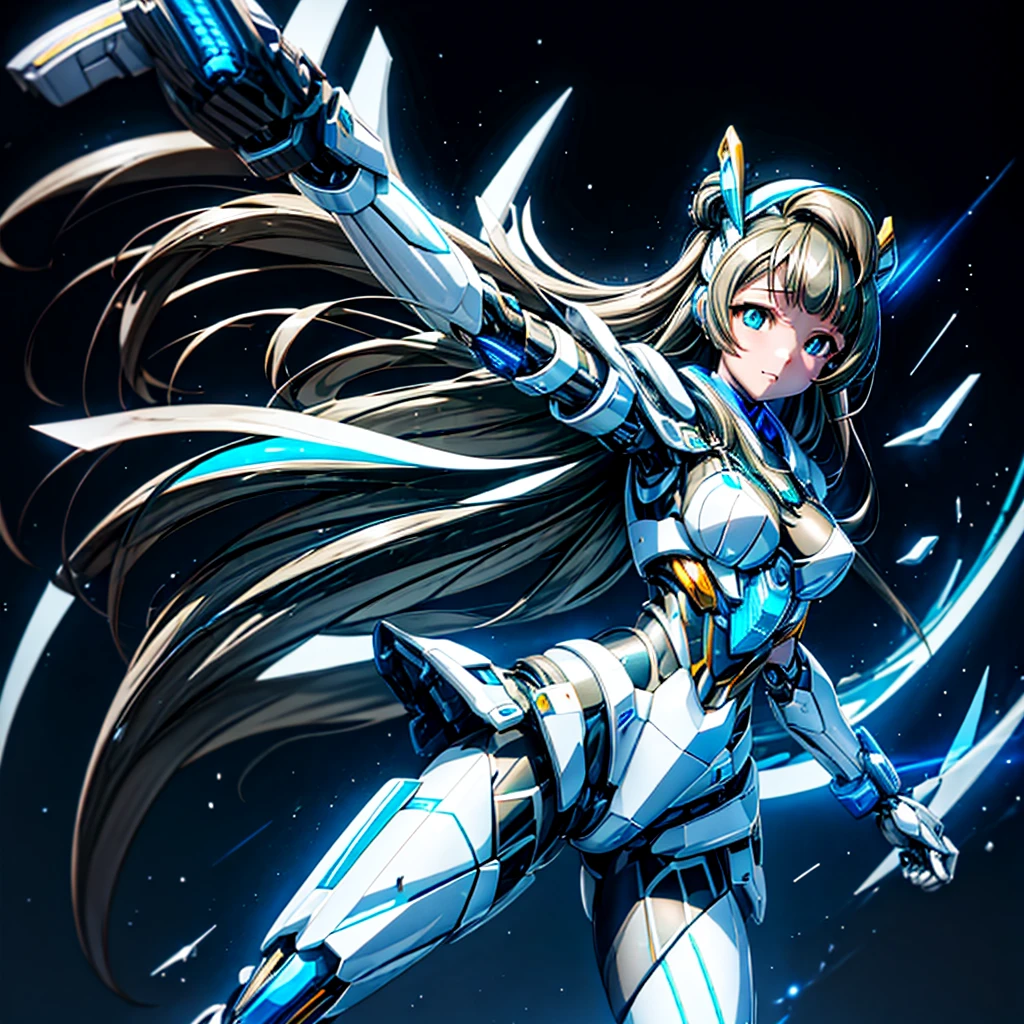masterpiece, high quality, During the surgery to convert the machine、Kotori Minami who has been turned into a cyborg、Precision mechanical gynoid cyborg body with exposed blue and white mechanical parts、Jet black background、Full-body shot from the front