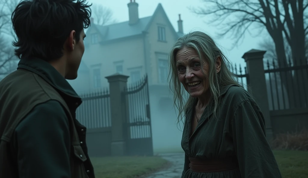 "A mysterious old woman appears from inside the mansion. His face has wrinkles and deep fear in his eyes. Her dress is old and worn, and she looks at Ramu with a sinister smile to warn the story. Ramu listens to her in amazement, while in the background mist is billowing out of the mansion's gate."