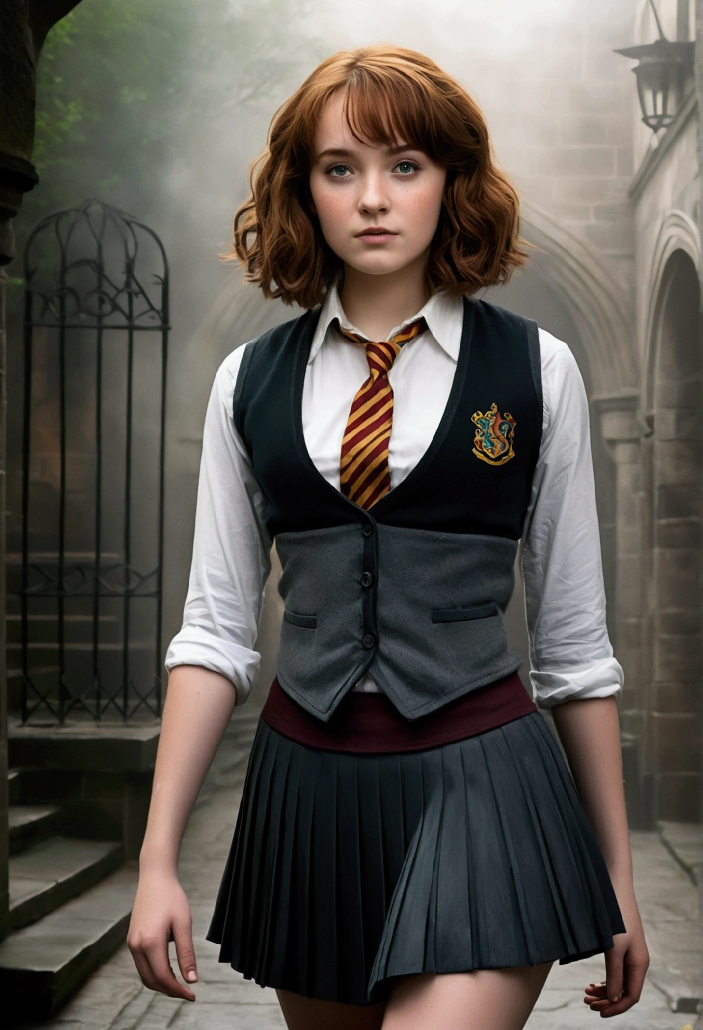 An illustrated movie poster, hand-drawn, full color, a female Hogwarts student, 18-years-old, wearing a charcoal vest and a pleated skirt, toned, amazonian stature, athletic hourglass figure, full wide hips, massive round butt, long shapely legs, ridiculously thick powerful thighs, vibrant forest eyes, deep dark auburn hair, short curly bob cut, flushed sun-kissed complexion, freckles, resembles Genevieve O'Reilly, standing in a foggy Hogwarts courtyard, surrounded by mist, graphite shading, stencil marks, airbrushed acrylic paint, masterpiece, in the Deathly Hallows 