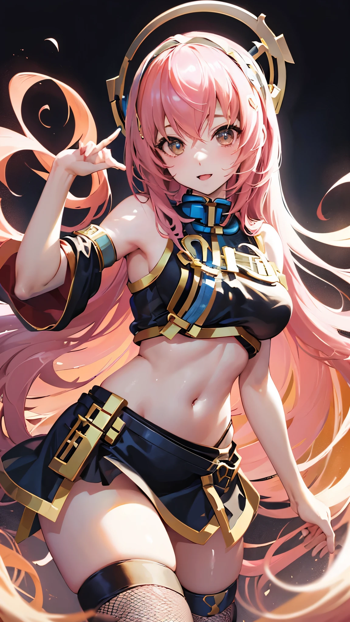 (((anime-style cute face))), ((((Megurine Luka)))),((((sexy)))),Highest quality, (Sharp details), 8k,,(looking at the camera),,Beautiful big boobs、Nipples stand up、Show your belly button、（The length of the costume is short）、（mini skirt、big slit）（A sexy and seductive face）、Very big eyes、sparkling pupils、anatomically correct body、Big thighs、((Naughty black fishnet stockings))、Light from the front、The face is bright、vulgar dance hall