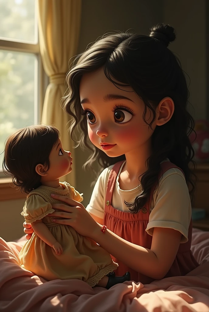 "Alima is holding the old doll in her hands, examining its torn and faded dress. She has a thoughtful expression, as if deciding how to fix the doll's clothes."